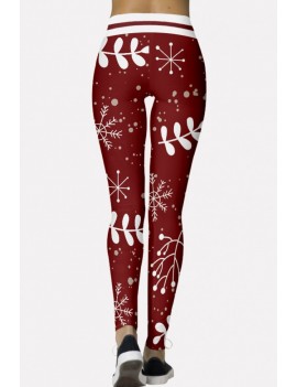 Dark-red Snowflake Print Elastic Waist Christmas Skinny Leggings