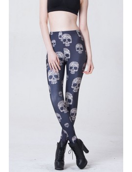 Black Skull Print Elastic Waist Halloween Leggings