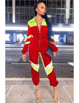 Red Color Block Zipper Up Long Sleeve Casual Jumpsuit