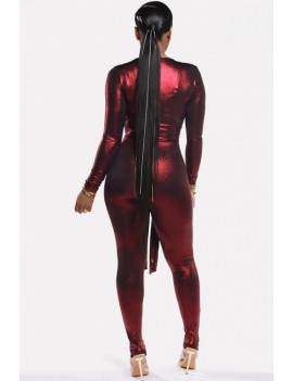 Dark-red Cutout Tied V Neck Long Sleeve Apparel Jumpsuit