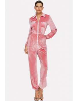 Pink Velour Zipper Up Pocket Casual Jumpsuit