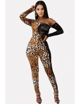 Leopard Splicing Lace One Shoulder Long Sleeve Apparel Jumpsuit