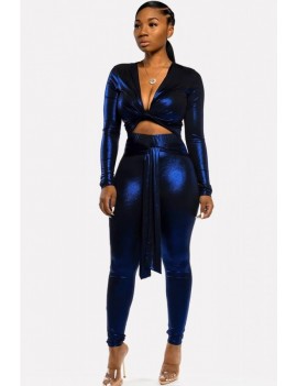 Dark-blue Cutout Tied V Neck Long Sleeve Apparel Jumpsuit