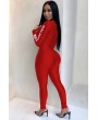 Red Letters Print Zipper Up Long Sleeve Casual Jumpsuit