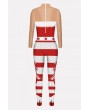 Red Stripe Fish Scale Print Mock Neck Long Sleeve Christmas Jumpsuit