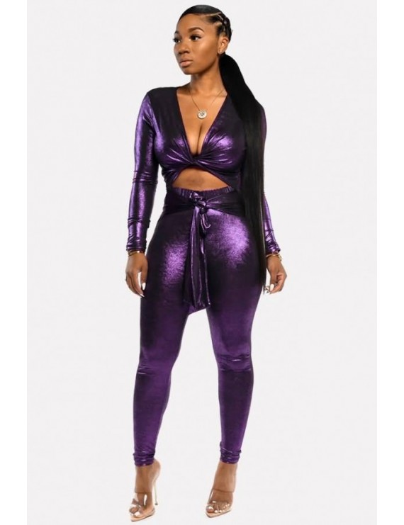 Purple Cutout Tied V Neck Long Sleeve Apparel Jumpsuit