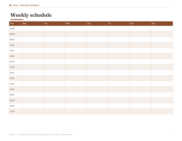 Preview of 7am to 10pm Weekly Timetable Printable